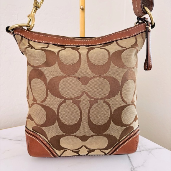 Coach Brown Leather Signature C Hampton Canvas Stripe Shoulder Bag Handbag 10542 - Picture 7 of 11